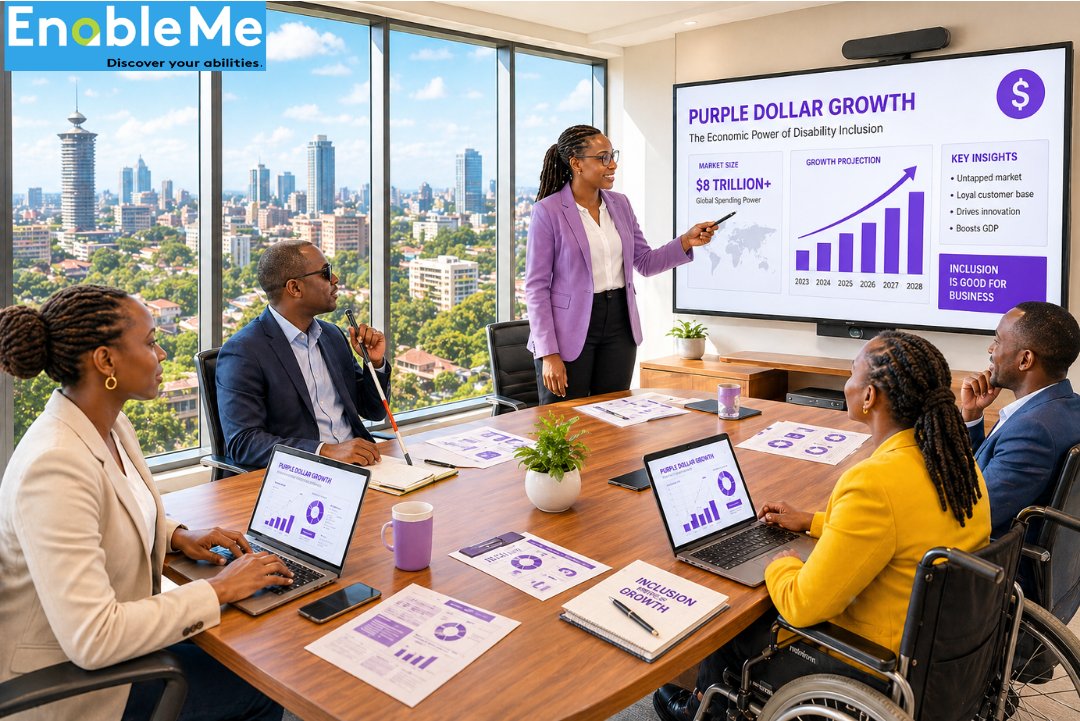 EnableMeKenya's tweet photo. A family of 5 walks into a hotel. One child uses a wheelchair. The upper floor is inaccessible. The whole family walks out. 

Persons with disabilities don't shop alone, they bring families, friends &amp; communities with them.
The #PurpleDollar is powerful .
https://t.co/ghda9YpI6h https://t.co/KI6NuU7cjm