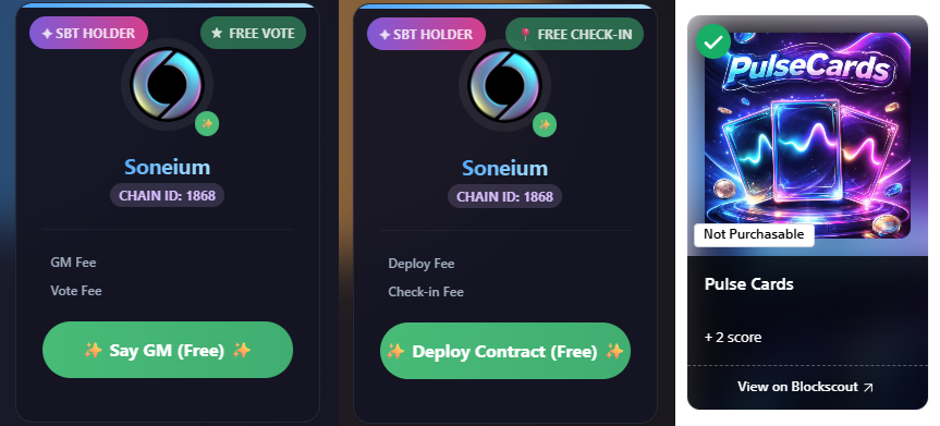 pulse_vault's tweet photo. Pulse Cards SBT is more than just +2 Score on @soneium 👀💎

Holders unlock free daily onchain actions:

⚡ Free GM
🛠 Free contract deploy
🗳 Free governance vote
📍 Free daily check-in
Your consistency becomes your onchain identity 🔗
#Soneium #PulseCards https://t.co/dZ7koNk1T4
