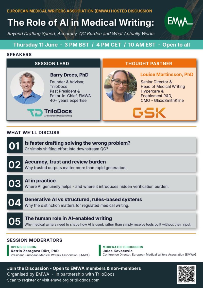 EMWA1989_'s tweet photo. We’re delighted to partner with TriloDocs for a live session on AI in Medical Writing — moving beyond drafting speed to explore accuracy, QC burden and what works in practice.📅 Thurs 11 June
🕒 3pm UK / 4pm CET
Open to members &amp; non-members: https://t.co/twOkB8NvbI https://t.co/sE7hAEFEVU