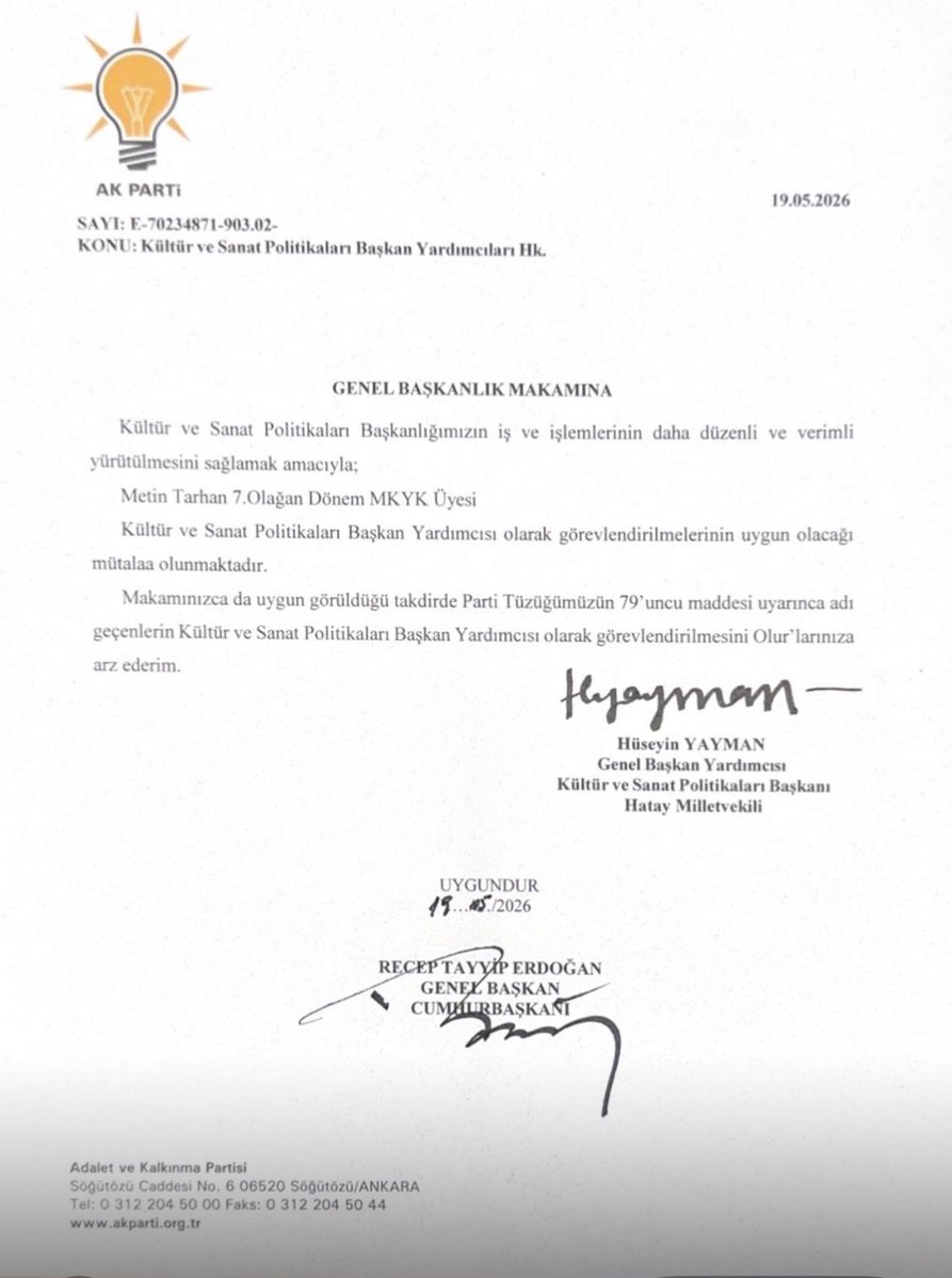 avmetintarhan's tweet photo. Genel Merkez Kültür ve Sanat Politikaları Başkanımız Sayın Hüseyin Yayman’ın önerisi ve Cumhurbaşkanımız Sayın Recep Tayyip Erdoğan’ın tensipleriyle AK Parti Genel Merkez Kültür ve Sanat Politikaları Başkan Yardımcılığı görevine atanmış bulunmaktayım. 

Önemsediğim ve faydalı olacağıma inandığım bir alanda çalışmama imkan tanıyan Cumhurbaşkanımız Sayın Recep Tayyip Erdoğan’a ve Genel Merkez Kültür ve Sanat Politikaları Başkanımız Sayın Hüseyin Yayman’a sonsuz teşekkürlerimi sunuyorum. 

Her yönüyle  kalkınmış Büyük ve Güçlü Türkiye için var olan gücümle çalışacağımı ifade ediyorum. 

Görevlendirmemin ülkemize, milletimize ve partimize hayırlı olmasını Cenab-Hakk’tan niyaz ediyorum.