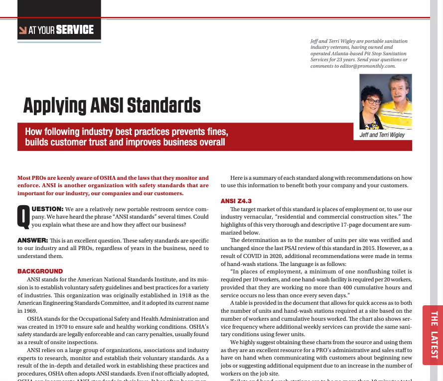 ProMonthly's tweet photo. 🏗️ At Your Service: Applying ANSI Standards to Portable Restrooms

How following industry best practices prevents fines, builds customer trust and improves business overall.
👉 Learn more: https://t.co/5wcU980kdR
#OSHA #ANSI #safety #portablesanitation https://t.co/nwtLAmR2Me