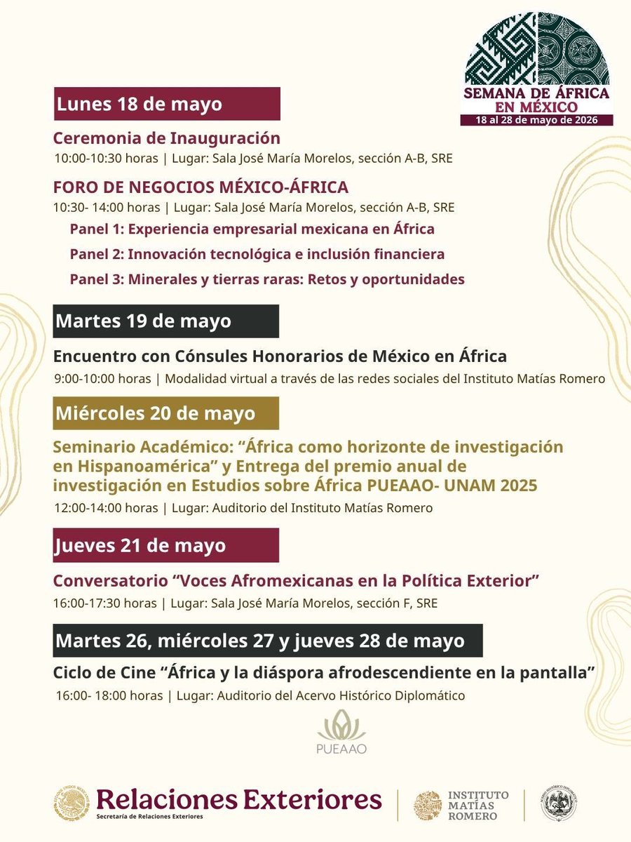 imatiasromero's tweet photo. En el marco de la Semana de Africa en México, te invitamos a seguir nuestra transmisión en vivo del Encuentro con Cónsules Honorarios de
México en África.🌍

▶️ https://t.co/twZFSkNlWV https://t.co/QgmBSDTN0H