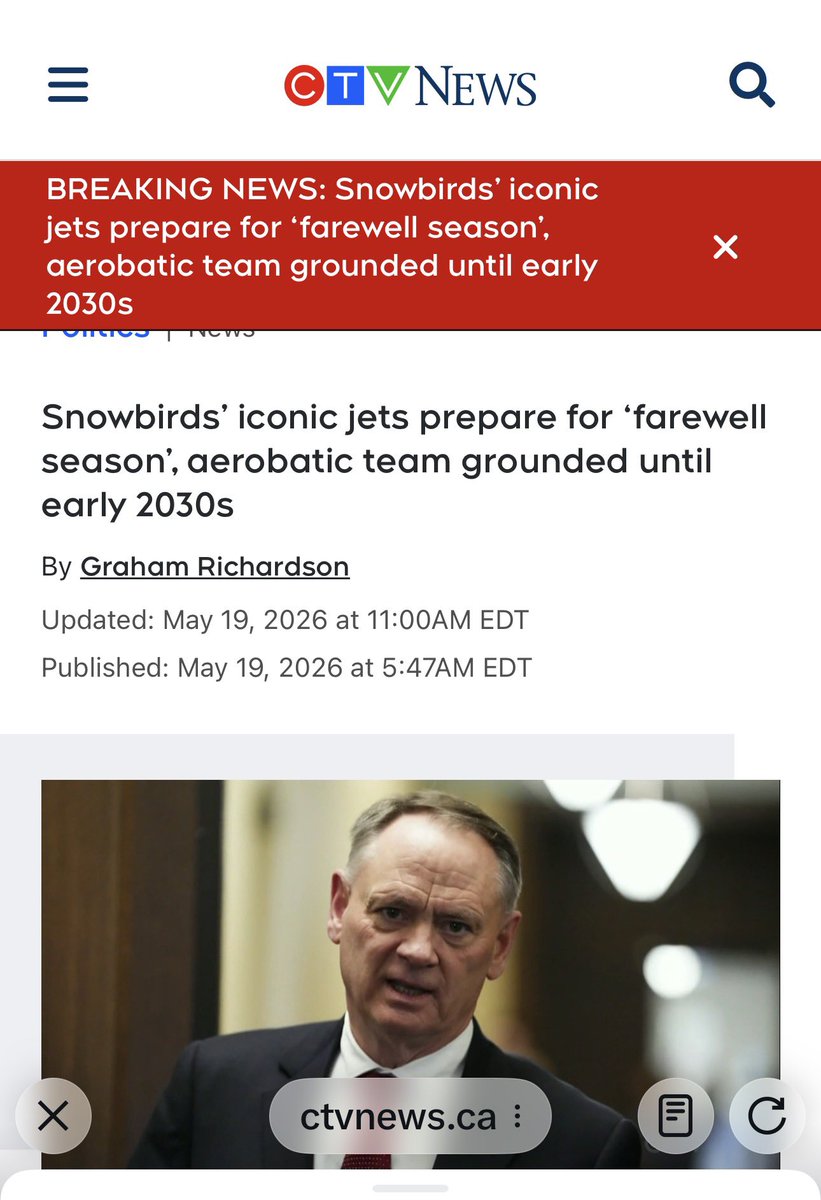 myabradshaw78's tweet photo. Breaking News!!! Canada’s ICONIC Snowbirds are preparing for their final farewell. Carney can’t find money in the budget for replacements now,his inflight catering bills needs to be paid,vacation season is coming and well he needs to buy Art. Carney’s Curse for Canada continues #SaveTheSnowBirds