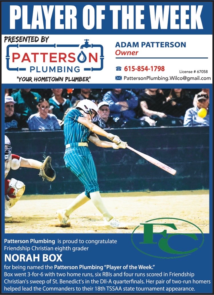 davidmwilson14's tweet photo. Introducing the Patterson Plumbing Player of the Week: Friendship Christian eighth grader Norah Box

Box went 3-for-6 with a pair of two-run HRs and 6 RBIs in the Commanders sweep of St. Benedict’s in the DII-A quarterfinals, leading them to their 18th TSSAA state tournament: https://t.co/NXlUh1q3Vg
