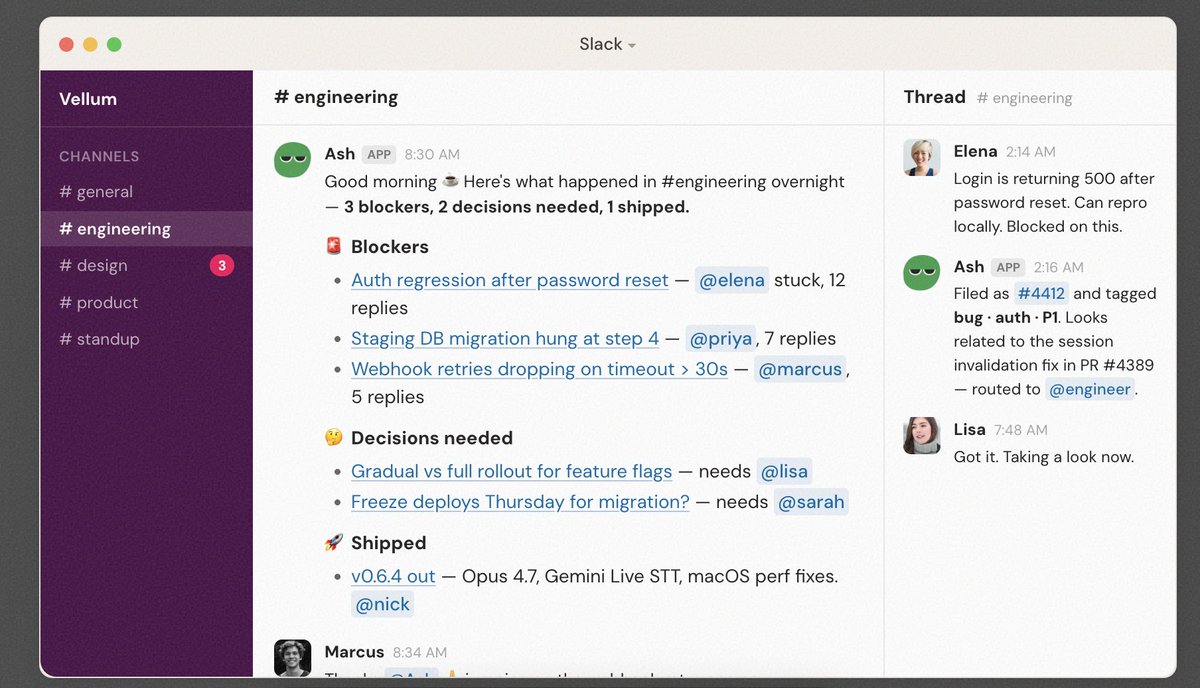Kbs4454's tweet photo. You're the most informed person in the room.
Joins your Slack channels, surfaces what matters, and keeps conversations moving without you chasing updates. https://t.co/9zlLhFaM6h