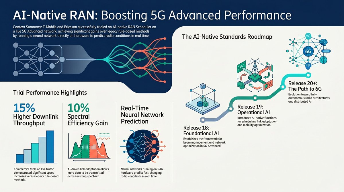 _aleem's tweet photo. T-Mobile and Ericsson have initiated extensive real-world testing of an AI-native RAN scheduler on a live 5G Advanced network.
Proud to be part of the Verification team.
Read: https://t.co/cTNK0o6F0S
#5G #AI #Telecom #TMobile #Ericsson https://t.co/algOwZJVEF