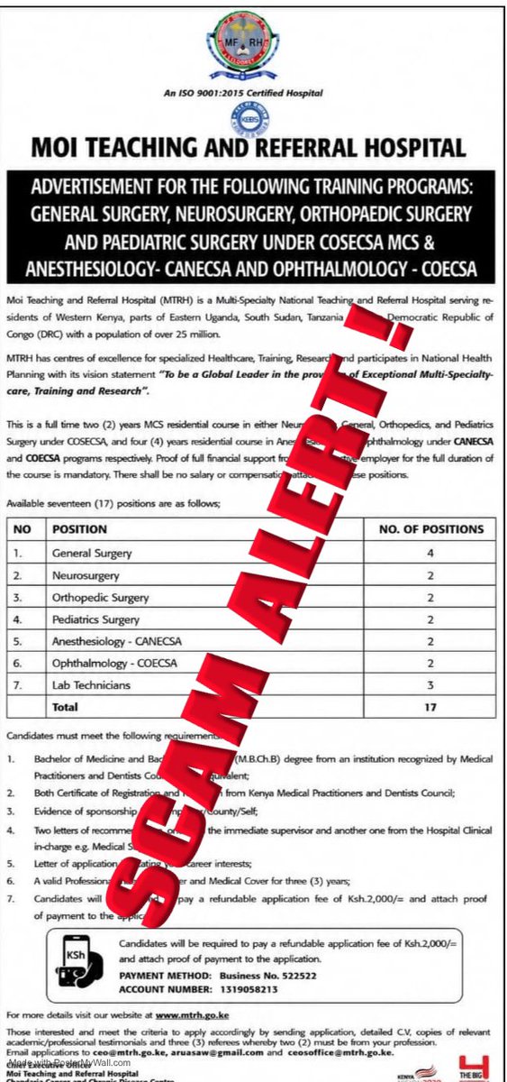 MTRHofficial's tweet photo. SCAM ALERT

Moi Teaching and Referral Hospital (MTRH) wishes to notify members of the public to disregard a fraudulent post circulating on social media purporting to advertise training opportunities at the hospital. https://t.co/99NTh4YDPY