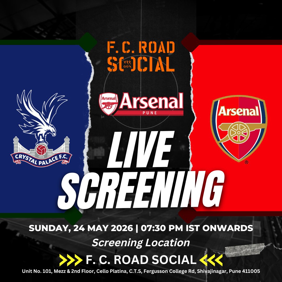 ArsenalPune's tweet photo. 22 years in the making. Be there. Wear your colours.

Join @ArsenalPune for the FINAL Premier League screening of the season and celebrate with fellow Gooners like never before.

🗓️ 24 May
⌚ 7:30 PM IST
📍 FC Road, SOCIAL
🎟️ Tickets:
https://t.co/ZppPnNgsfZ

#COYG #Arsenal https://t.co/aiPcr0G3s0