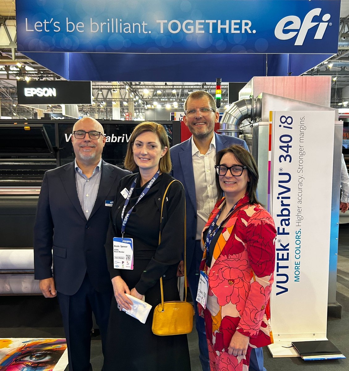 EFIPrint's tweet photo. 📣 Breaking from FESPA: Congratulations to RMC Digital Print on their investment in an #EFIVUTEK Q5r R2R LED printer! The business also marks another groundbreaking milestone as the first UK customer to receive the new #EFIFabriVU 340 i8 eight-color dye-sublimation printer. https://t.co/uYSWCmdnmF