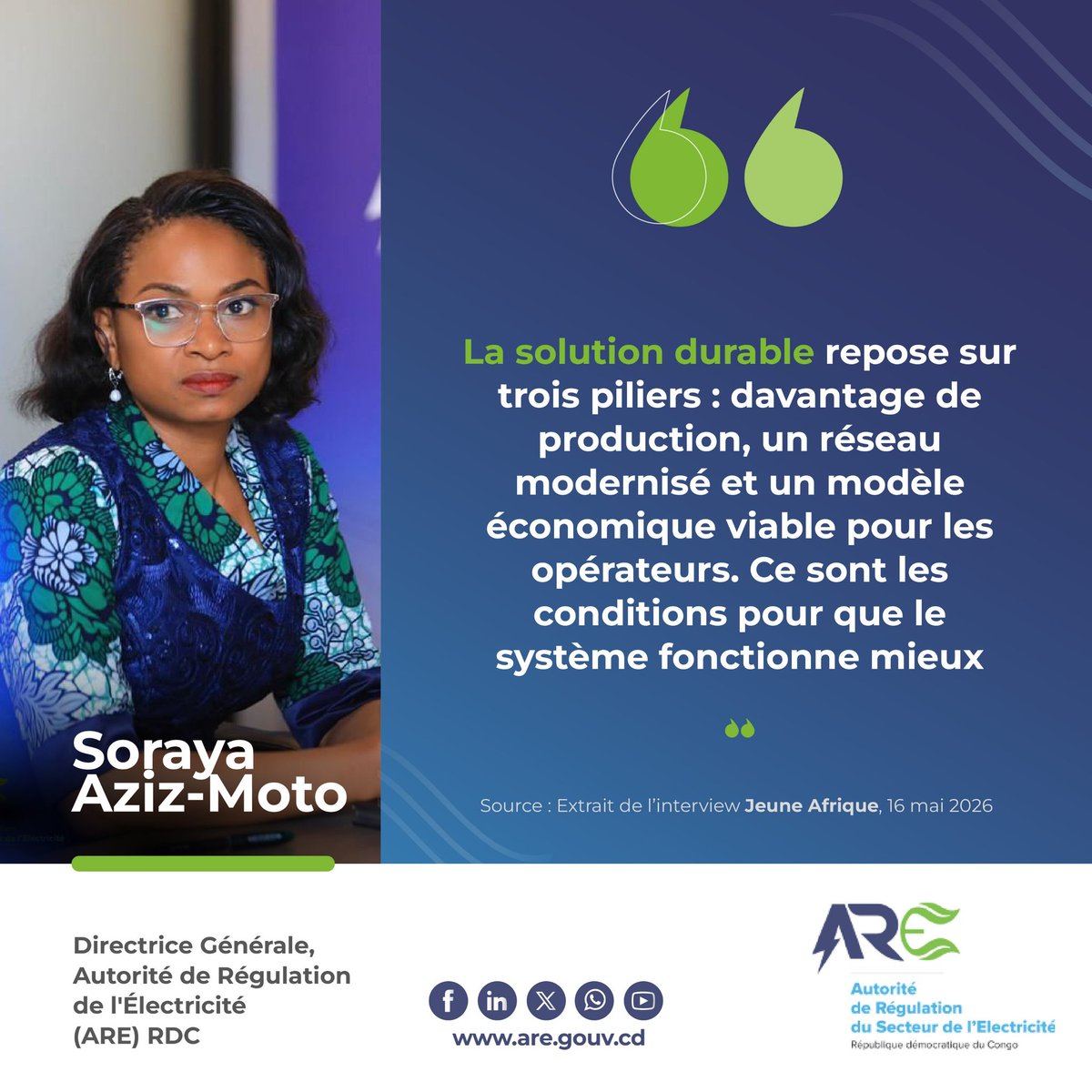 SORAZIZ's tweet photo. Hier @jeune_afrique a publié non entretien avec mwanamboka @StanysBujakera. Je clarifie le rôle du régulateur et explique l'ambition à court et moyen terme de l'@AREDRC1 pour améliorer l'accès à l'électricité. Je vous invite à lire l'interview en entier : https://t.co/MfCT6DeBPn https://t.co/riV2oPJoVI