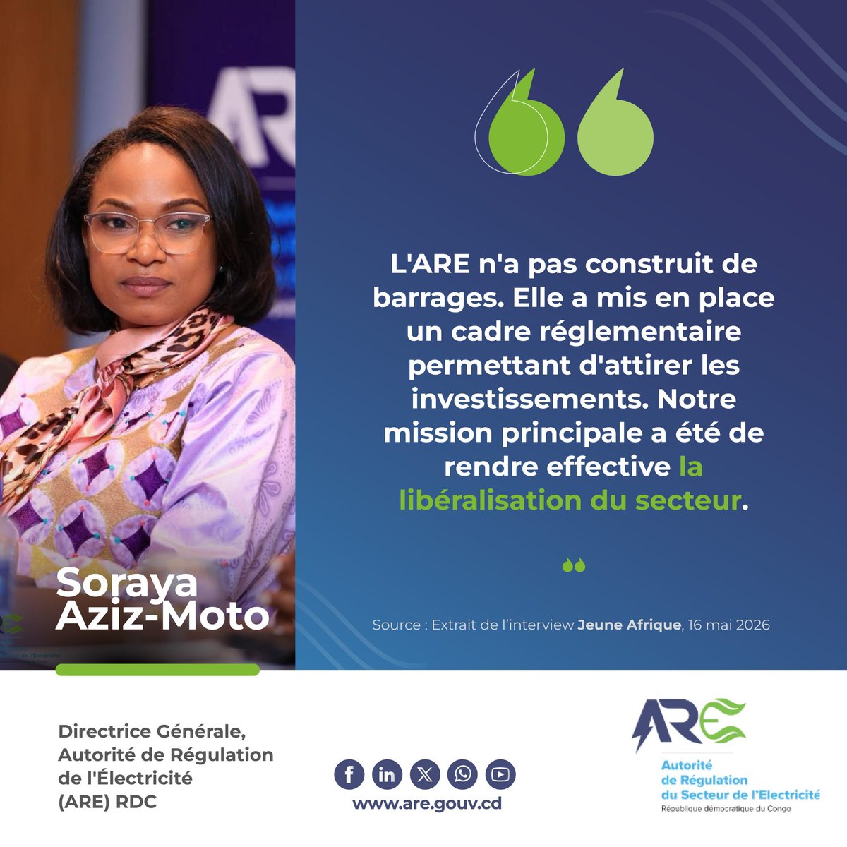 SORAZIZ's tweet photo. Hier @jeune_afrique a publié non entretien avec mwanamboka @StanysBujakera. Je clarifie le rôle du régulateur et explique l'ambition à court et moyen terme de l'@AREDRC1 pour améliorer l'accès à l'électricité. Je vous invite à lire l'interview en entier : https://t.co/MfCT6DeBPn https://t.co/riV2oPJoVI