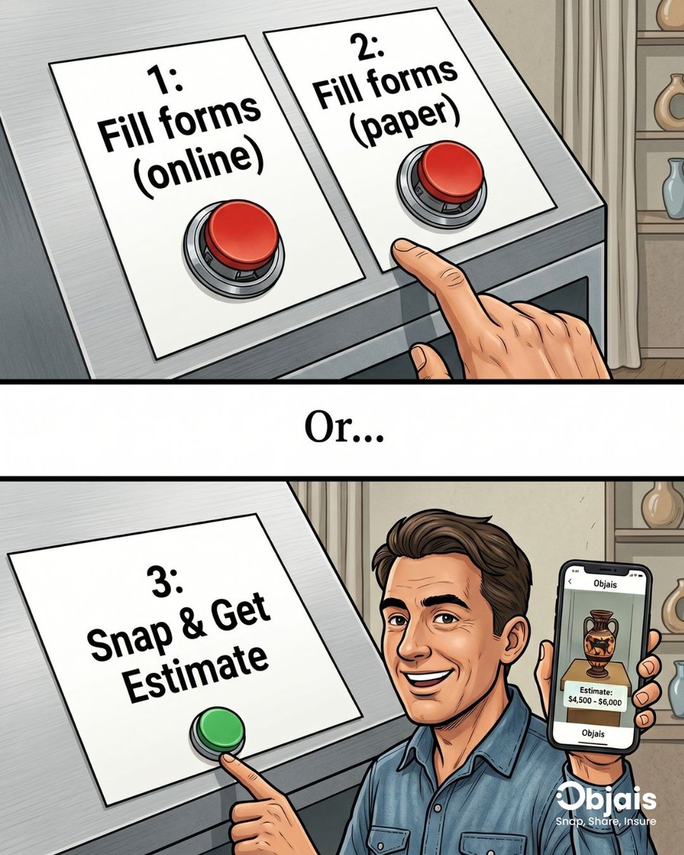objais's tweet photo. Most people still do this the hard way:

1️⃣ Fill out endless online forms
2️⃣ Print and complete paperwork
3️⃣ Wait days for a response
Or… you can just snap a photo and get your estimates. 📸

Objais uses AI to help you quickly estimate the value of antiques, collectibles, art, and valuables in seconds. No hassle. No complicated process.

👉️ Download now. Link in profile.
#Objais #InsurTech #Tap2Objais #InsuranceQuotes