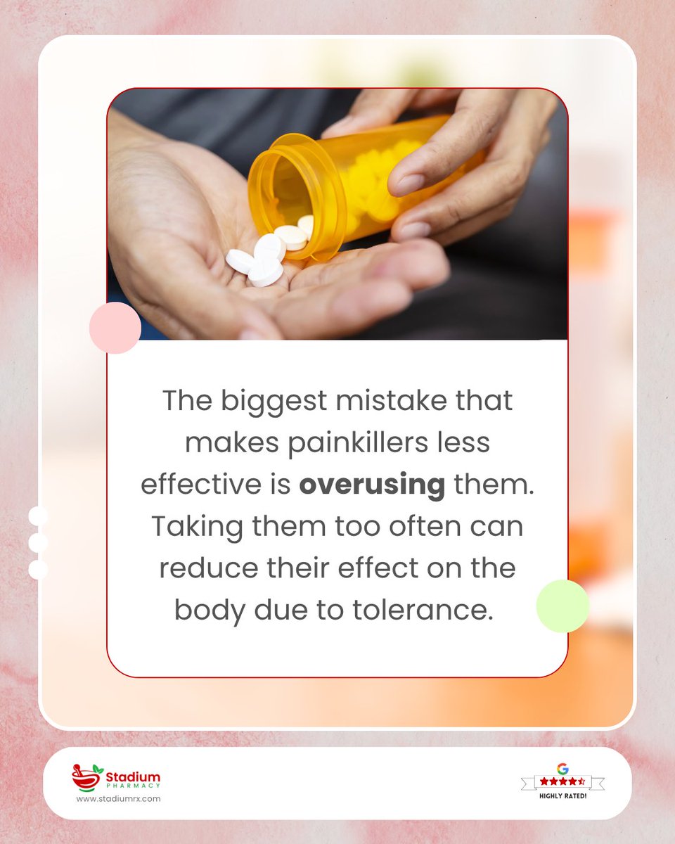 Stadiumrx's tweet photo. #Painkillers not working like before? Frequent use can reduce how well the body responds over time. Instead of repeating doses, pause self-medication for minor pain and look for the cause.
#wellnesstips #pharmacy #healthawareness #missouri #usa https://t.co/BjonJ5xq3x