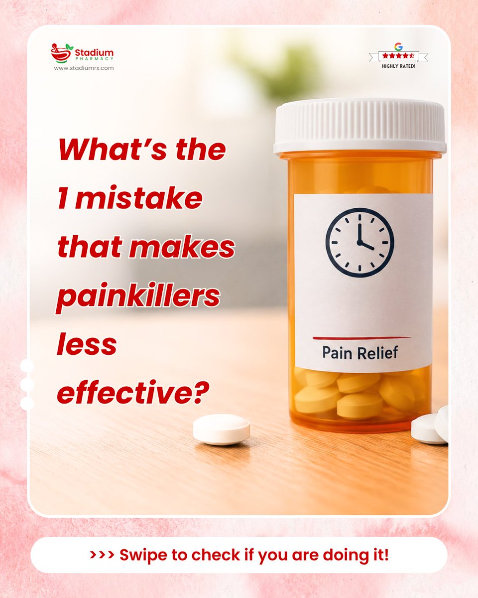 Stadiumrx's tweet photo. #Painkillers not working like before? Frequent use can reduce how well the body responds over time. Instead of repeating doses, pause self-medication for minor pain and look for the cause.
#wellnesstips #pharmacy #healthawareness #missouri #usa https://t.co/BjonJ5xq3x