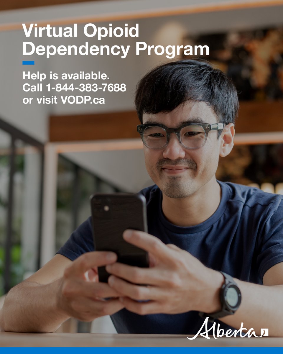GoAMHA's tweet photo. Addiction support should be easy to access. The Virtual Opioid Dependency Program provides same-day treatment anywhere in Alberta, with no waitlist.
Call 1-844-383-7688 or visit https://t.co/oidiOh7XPv to get started https://t.co/WhD26LqPCe