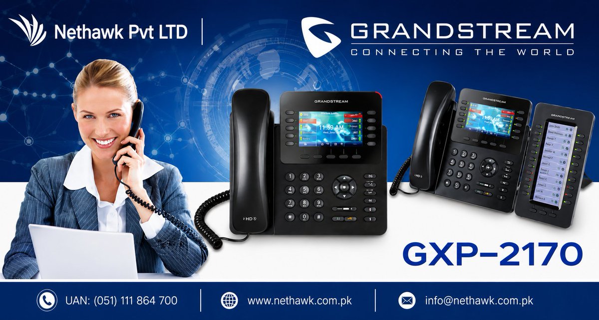 nethawk_'s tweet photo. Modernize your workspace with the Grandstream GXP2170! 🚀

​Built for high-volume enterprise users, it features a 4.3” color display, 12 lines, dual Gigabit ports, and up to 160 BLF keys via expansion modules.

​📞 Call: (051) 111 864 700

🌐 Visit: https://t.co/YhWtdhAGKg https://t.co/lUqeMbJhks