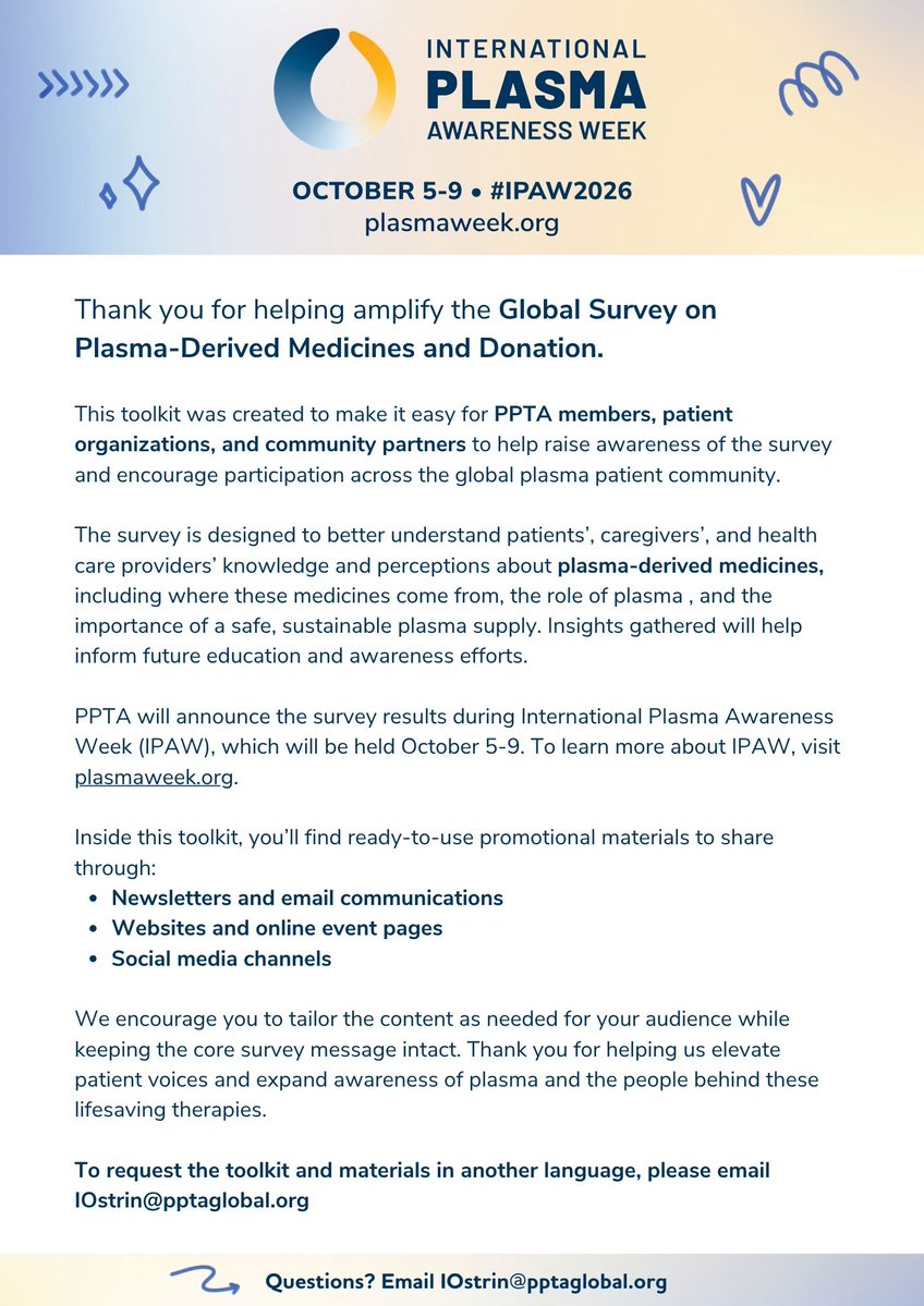 PlasmaProteins's tweet photo. Want to help amplify patient voices?

The downloadable Global Survey on Plasma-Derived Medicines and Donations toolkit includes ready-made social media content, graphics, flyers, and more to make it easy to share the survey and get more patients' voices heard!

Download the toolkit: https://t.co/Qg0a4o6Iop 

Take the Survey: https://t.co/M7ZTQknTTI