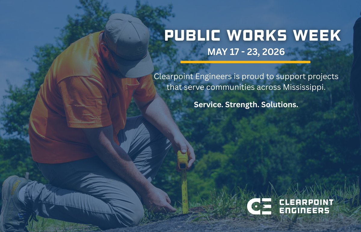 ClearpointCons1's tweet photo. Public Works Week recognizes the infrastructure that keeps communities connected and moving forward.

Clearpoint Engineers is proud to support projects that make a difference across Mississippi. https://t.co/KIvXytdrL5