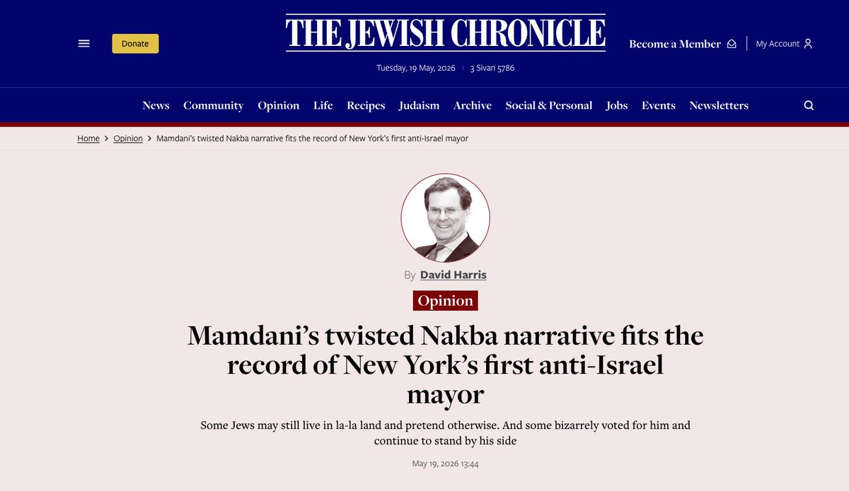 DSchwammenthal's tweet photo. Mamdani’s twisted Nakba narrative fits the record of New York’s first anti-Israel mayor, writes @DavidHarrisNY.  Setting the historical record straight, David's must-read column asks a hard question: why do some Jews prefer to live in la-la land and continue to stand by the mayor's side.