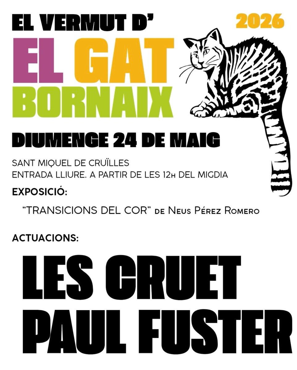 ajcmss's tweet photo. El Gat Bornaix torna a Sant Miquel de Cruïlles en format vermut. Diumenge, a partir de les 12 h, una jornada amb entrada lliure que combinarà música en directe amb Les Cruet i Paul Fuster i l’exposició Transicions del cor, de Neus Pérez Romero: https://t.co/2NAtCxWT4F https://t.co/e7VE2hKLIL
