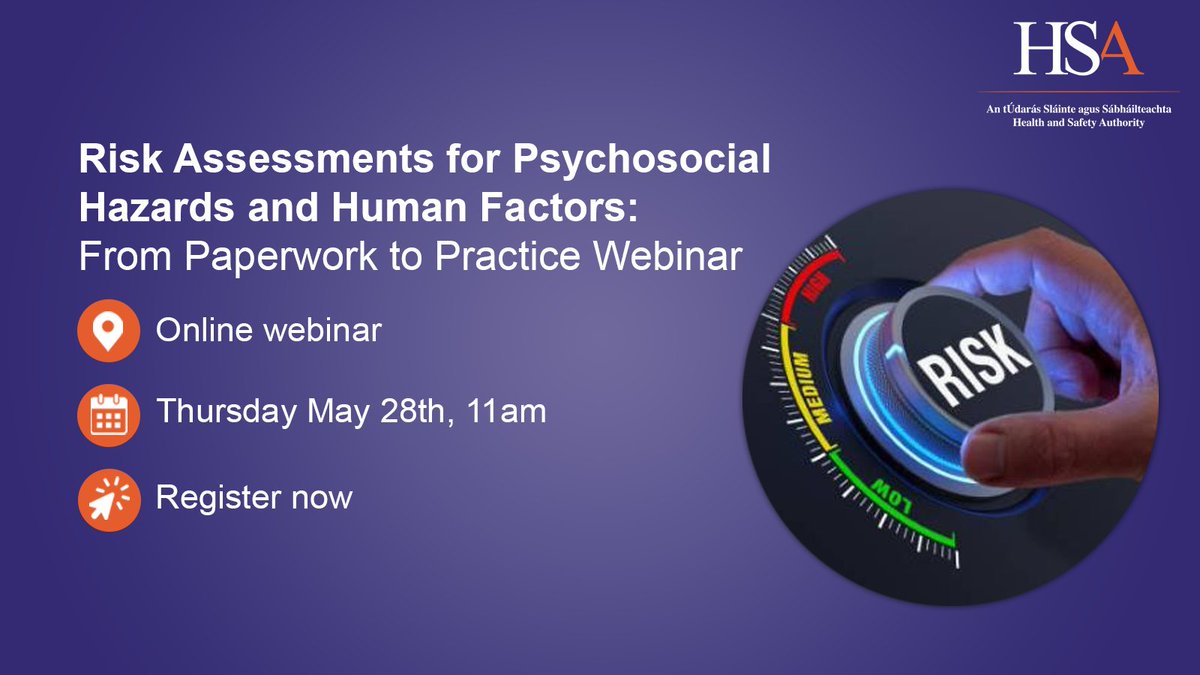 TheHSA's tweet photo. Join us next Thursday the 28th of May for a free webinar aimed at helping organisations enhance the quality and effectiveness of risk assessments for psychosocial hazards and human factors.

Register here ➡ https://t.co/JPpJNnOyuE https://t.co/65NPBHnEmS