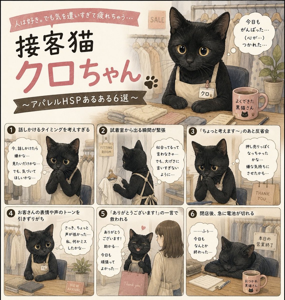 sn1127ns's tweet photo. 「いらっしゃいませ〜！」って笑顔で言いながら、
“今話しかけたら嫌かな…”をずっと考えてる接客猫クロちゃん。
接客は好き。でも、人の感情を全部受け取っちゃって毎日ちょっと瀕死。

#HSP #営業 #猫漫画 #繊細さん #仕事つらい https://t.co/7aXWfMgN8t