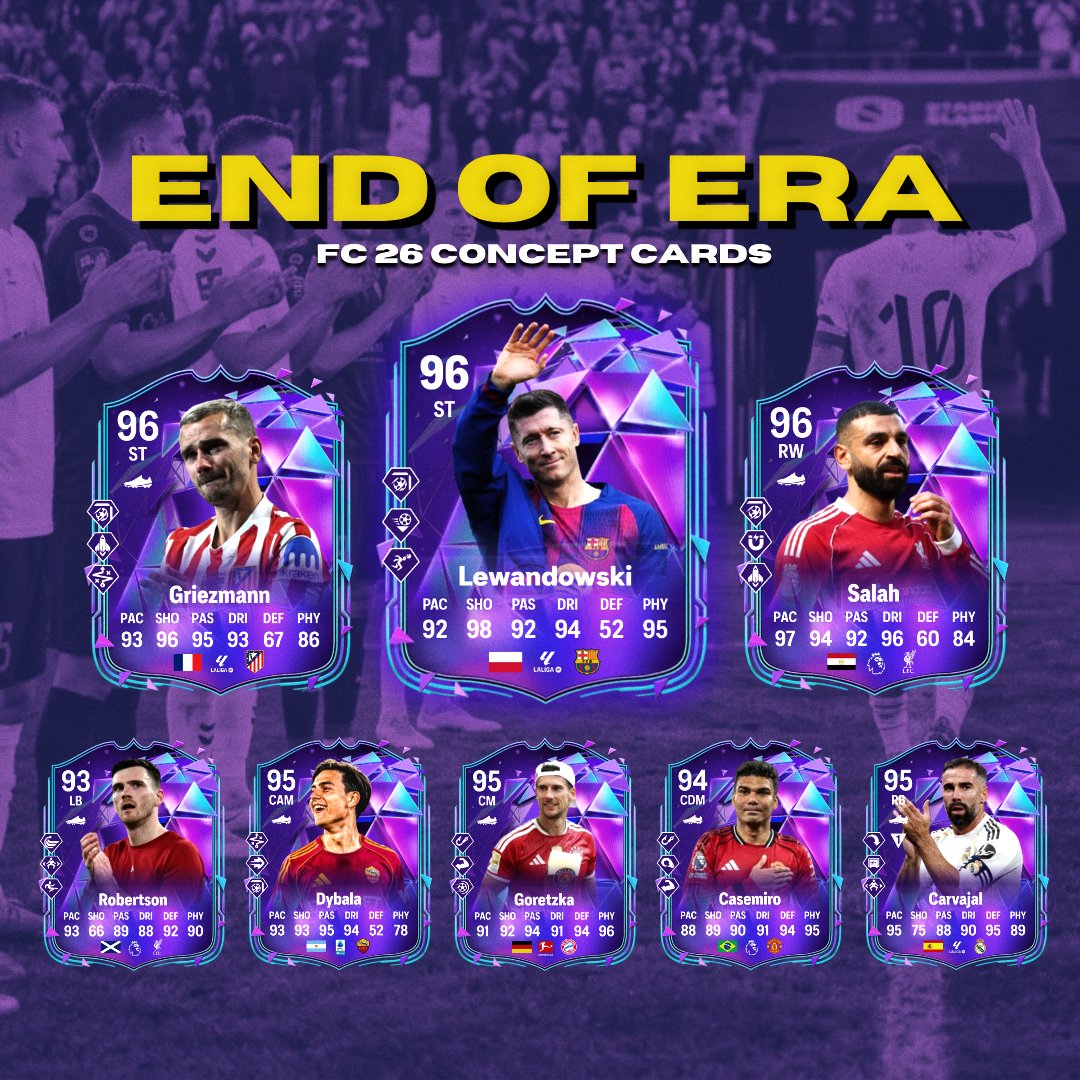 SuperCoinsy's tweet photo. A year ago, during TOTS Ultimate ⚡ (which kicks off this Friday), we got a bunch of SBCs for Flashback and End of an Era cards. There are plenty of candidates for EoE version this year 👀
#fc26 #ut #endofera #eoe #salah #lewandowski https://t.co/TTZbHdmmmi