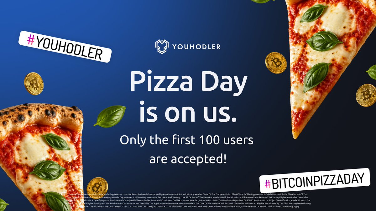 YouHodler's tweet photo. 1️⃣Buy up to 30USD in Pizza on the 22nd, keep the receipt;
2️⃣ Share it by tagging us on X, Instagram or Facebook with the #BitcoinPizzaDay;
3️⃣Have a YouHodler account, get contacted by us, and if eligible receive cashback in bitcoin up to 30USD, subject to verification and availability

Get a Pizza on us!🍕

Bitcoin Pizza Day marks the anniversary of one of the earliest known commercial uses of bitcoin: 15 years will have passed since the day one very hungry man bought two pizzas …!😱

We’ll be in Naples serving some Pizza, but we’ll have some slices ready for all YouHodler users.

Follow these steps Friday, and be prepared - limited availability! The promotion is available only to the first 100 eligible participants! 🤝