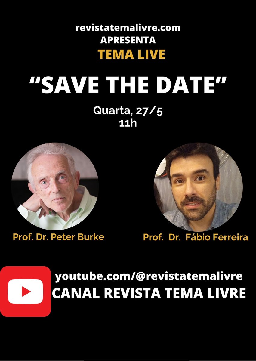 revtemalivre's tweet photo. Anote na agenda: 27/5, às 11h, Peter Burke, no canal da https://t.co/1qF5xkxRf2 no YouTube. Participe.
Clique em:
https://t.co/UZtePGIXeS

https://t.co/1qF5xkxRf2,
Desde 2002 divulgando o conhecimento.

#Historiadores #PublicHistory #HistóriaCultural https://t.co/fJZjESipYG