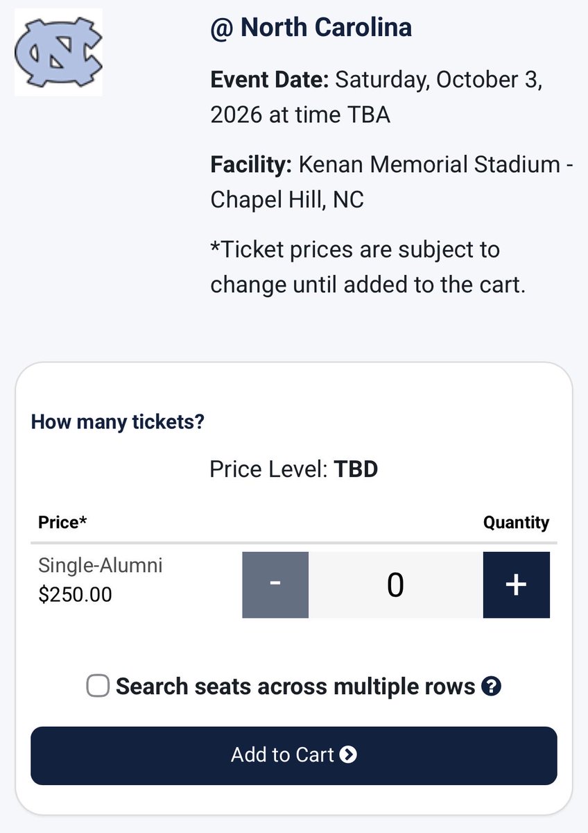 Joseph_Socks's tweet photo. @Psully226 @NDFootball I don’t think it’s ND’s fault that UNC tickets are so expensive, but I’m torn between being bummed that it’ll be $250 to sit in the ND section and chuckling that the folks in Chapel Hill value the ND game twice as much as the Miami (FL) game. https://t.co/6SzCeX55ud