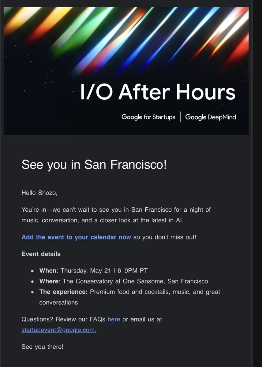 show_yellow's tweet photo. 今日から始まるGoogle I/O、完全招待制のAfter Hoursイベントに招待いただきました！
星の数ほどあるAIスタートアップの中から選んでいただき光栄です。
対面でしか理解できないものを掴んでこようと思います。
#google #Ai #startup https://t.co/DJu7JPrV1U