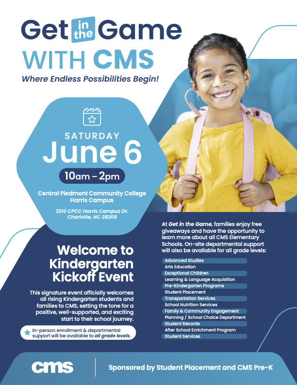 CharMeckSchools's tweet photo. Join us on June 6 to Get in the Game at our Welcome to Kindergarten Kickoff Event!
This event officially welcomes all rising kindergarten students and their families, giving them the chance to meet their elementary school staff. Let’s make sure every child is first-day ready! https://t.co/VANitrkdZq