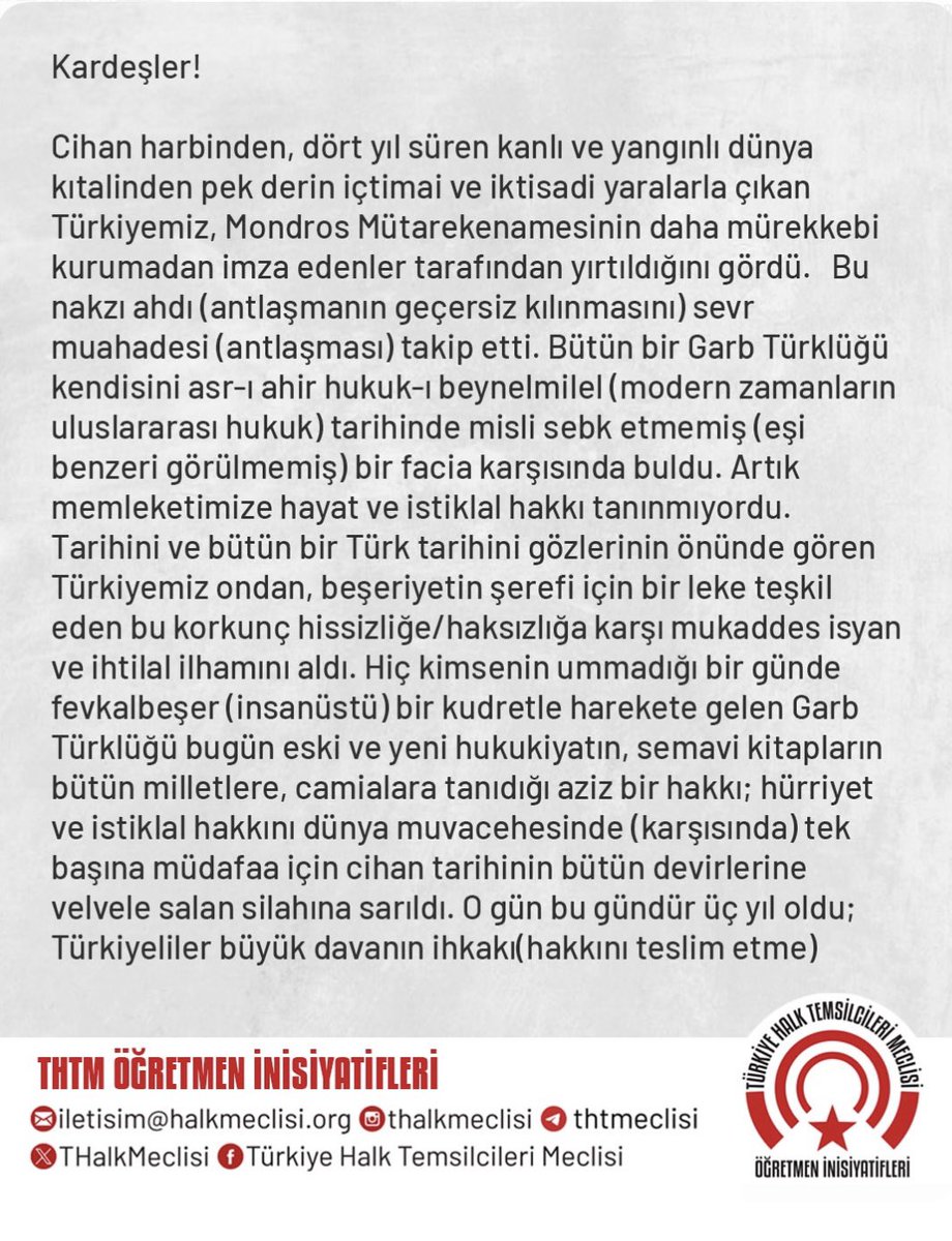 ThtmOgretmen's tweet photo. THTM Öğretmen İnisiyatifleri olarak amacımız; tarihsel belgeleri görünür kılmak, eğitim mücadelesinin geçmişten bugüne uzanan birikimini paylaşmaktır. 19 Mayıs'ın taşıdığı bağımsızlık ve aydınlanma ruhuyla, bu metni kamuoyuyla yeniden buluşturuyoruz. https://t.co/w03zhlK79t