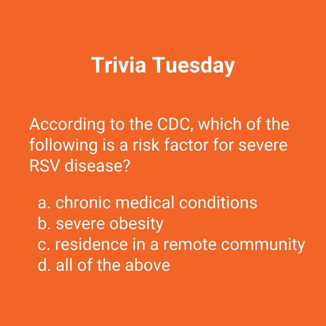 MedicalLetter's tweet photo. It's Trivia Tuesday! This question is from our In Brief: RSV Vaccine (Arexvy) for Ages 18-49 https://t.co/foq6TyNc5V

Answer: d
Other risk factors include diabetes, moderate or severe immune compromise, frailty, and residence in a nursing home or other long-term care facility. https://t.co/yOtGZOVbmH