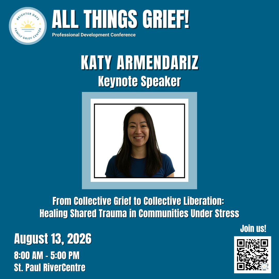 rootswellnessmn's tweet photo. We are thrilled to share that Katy Armendariz will be a keynote speaker at the All Things Grief Professional Development Conference. To register, scan the QR code or visit https://t.co/UwenhU71UA
#mentalhealth #allthingsgrief #grief #healing #Minnesota https://t.co/ovFd5m2DFn