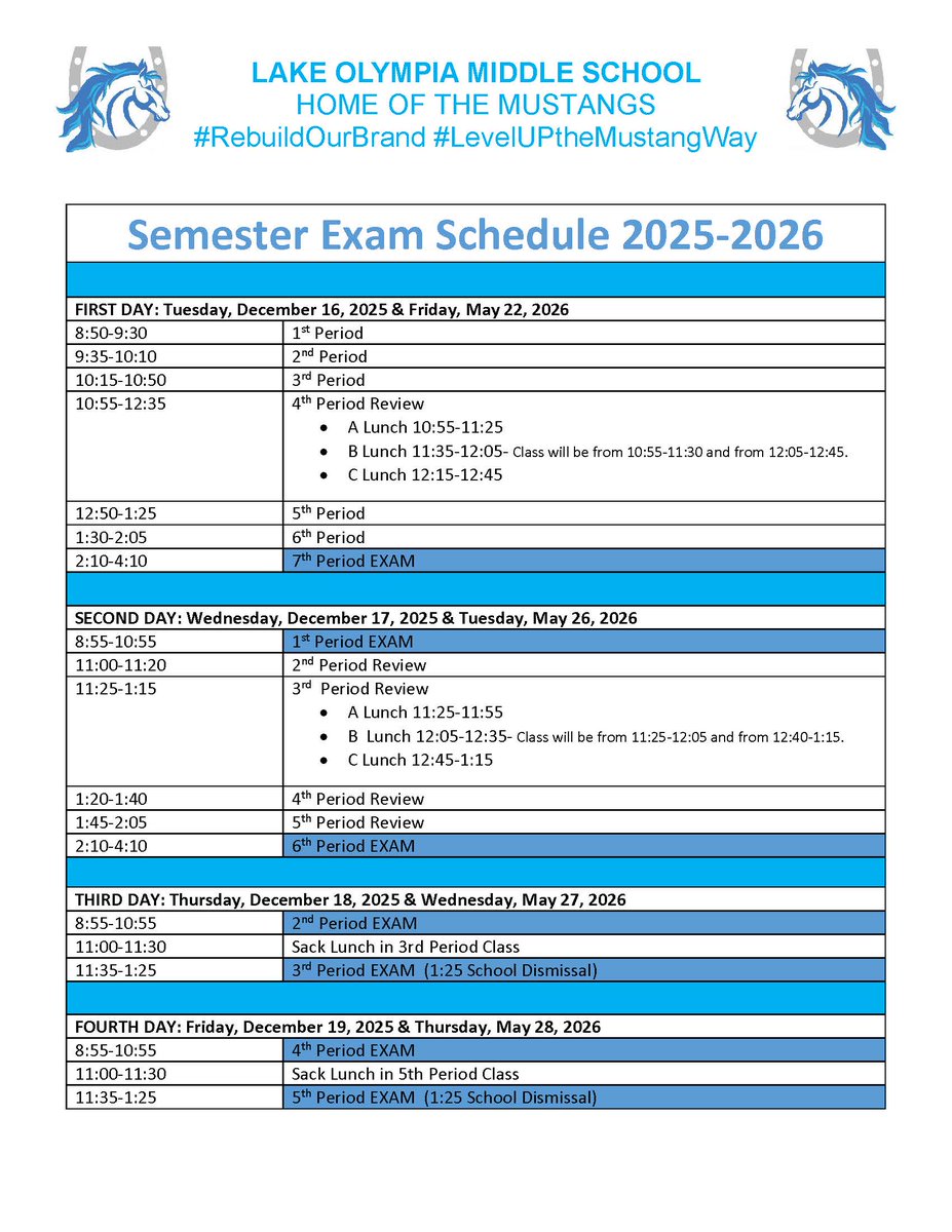 LOMSMustangs's tweet photo. Mustangs, we have almost made it to the end of the 2025-2026 School Year!
Below are reminders for the last week of school (5/26-5/28) and the Semester Exam Schedule that starts on Friday, May 22nd!
Let's FINISH STRONG! #LEVELUP #PACEwithPRIDE https://t.co/m6eBE5T5YY