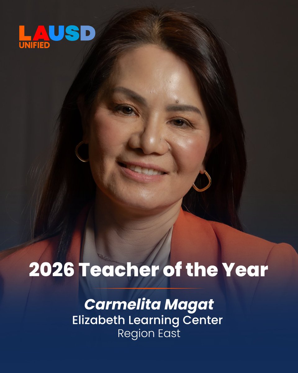 LAUSDHR's tweet photo. ✨2026 Teachers of the Year✨

Join us in honoring and recognizing Carmelita Magat from Elizabeth Learning Center as a Teacher of the Year honoree. 💙🍎

Thank you for all you do to encourage, support, and inspire others! 🏫 #TeacheroftheYear #LAUSD #InspiringGreatness https://t.co/PNfKIbhqnz