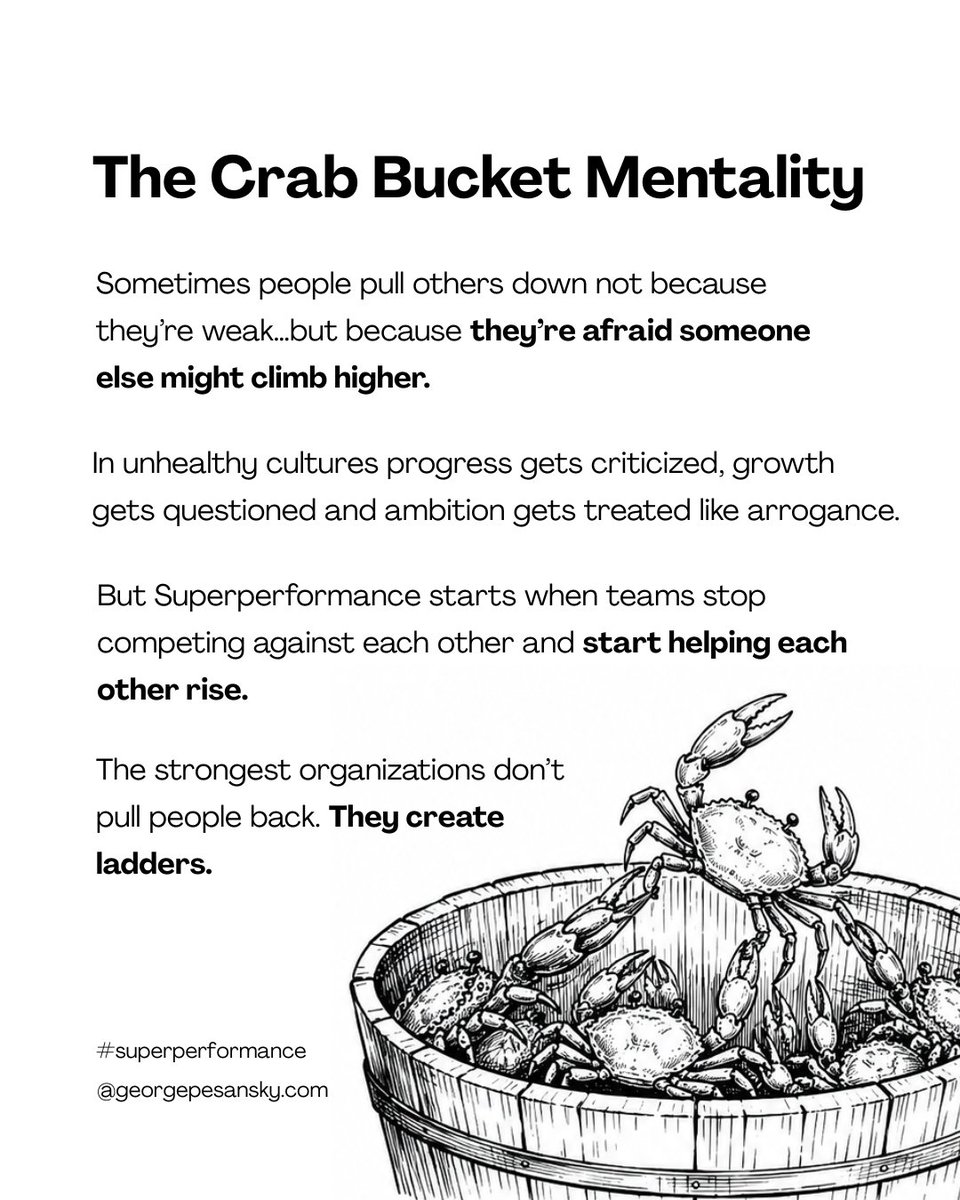 SuperPerformnz's tweet photo. Did you ever hear about "The Crab Bucket Mentality?" 🦀 - when people pull others down because they’re afraid of being left behind.

In unhealthy cultures:
• Progress gets criticized
• Ambition gets questioned
• Success makes people uncomfortable

Superperformance starts when we stop competing against each other… and start helping each other rise.

The strongest teams don’t create fear around success. They create ladders.

What kind of culture are you building?  🦀 

#superperformance #leadership #culture #teamwork #growthmindset #metaphor #LeadershipDevelopment