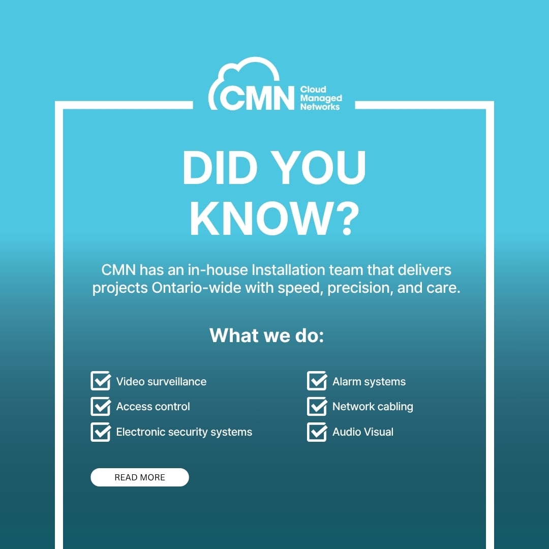 CloudManagedNet's tweet photo. Behind every successful deployment is the right team. Discover how CMN’s in-house experts support projects across Ontario, covering surveillance, access control, security, cabling &amp; AV.

From design to installation, testing to training, we'll support you: https://t.co/LTqBmJ0fTF https://t.co/XNot3SewXQ