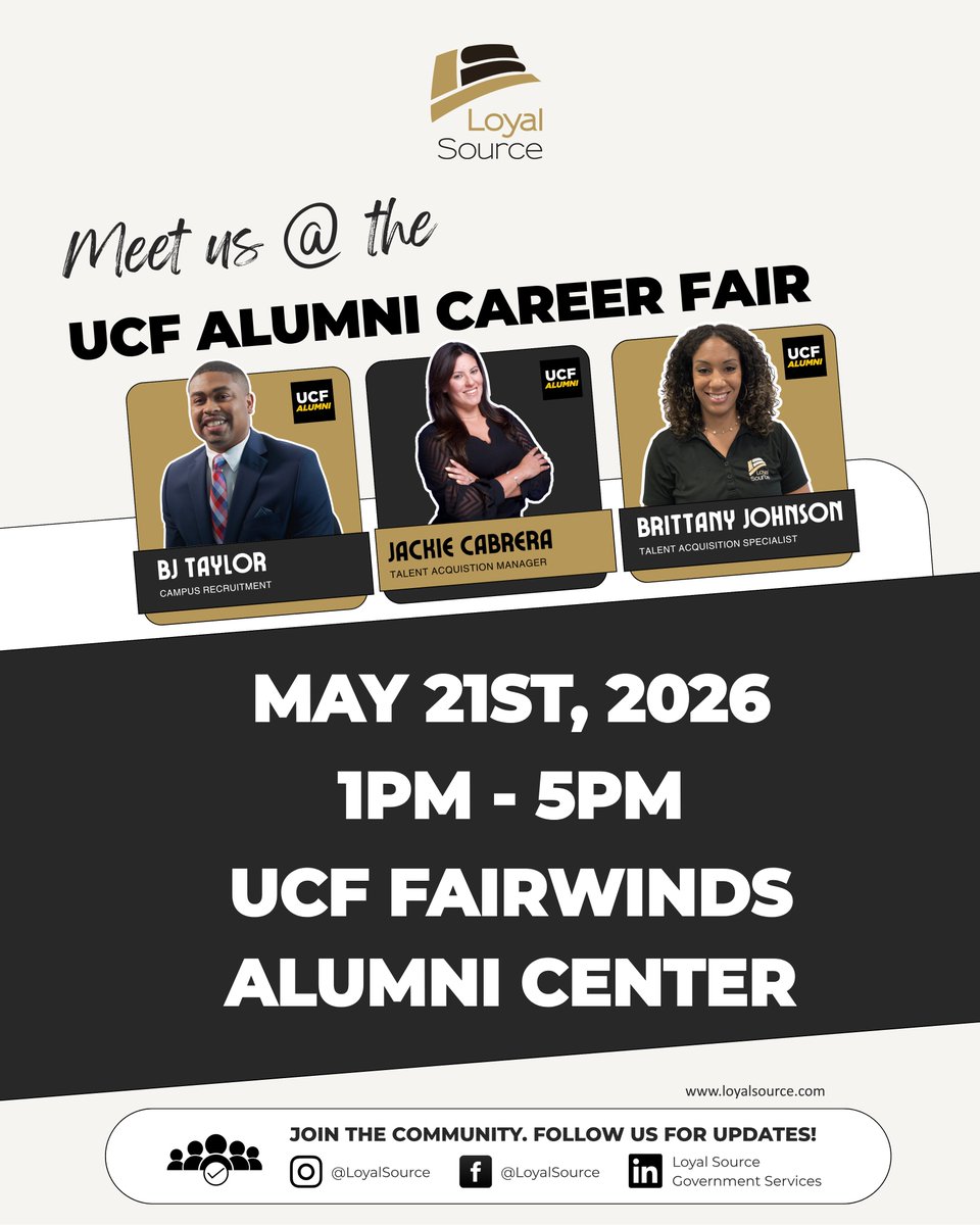 LoyalSourceGS's tweet photo. Loyal Source is excited to attend the UCF Alumni Career Fair 🎓 Proud to support our fellow Knights through partnerships, internships, and career growth. Stop by to meet BJ Taylor, Jackie Cabrera &amp; Brittany Johnson! 🔗 https://t.co/9eni16PFux #GoKnights https://t.co/JXu408VTqt