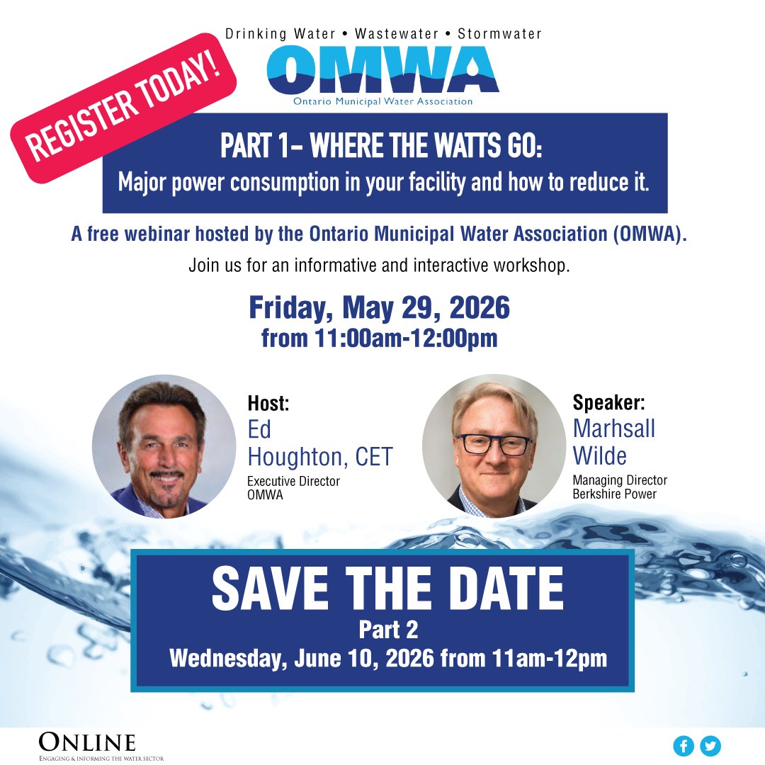 muniwater's tweet photo. 📣🚨 NEW!! OMWA WEBINAR 📣🚨

👉🏻 Date: Fri. May 29, 2026

Part 1 – Where the Watts Go:
Major power consumption in your facility and how to reduce it.

Register Today 👇🏻
https://t.co/iXR8a1aQRJ
--
#watertreatment##ontario#drinkingwater#OMWA https://t.co/6jf1Pm1BEF