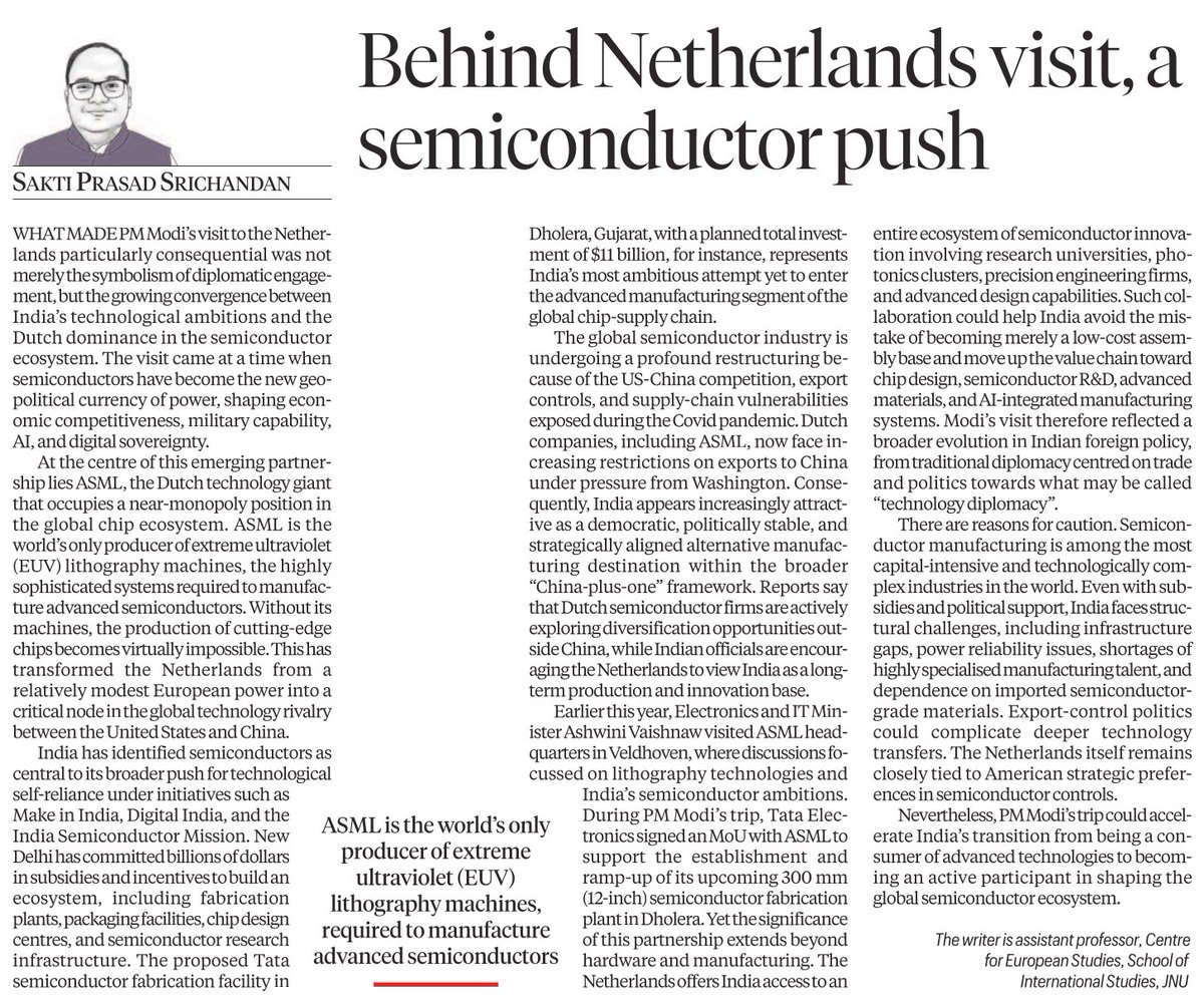 D_U_Teachers's tweet photo. Sakti Prasad Srichandan (#SIS #JNU) 

#ASML #EUV #Netherland #semiconductor 

Indian Express, 19/05/2026 https://t.co/RK3CPbN5hM