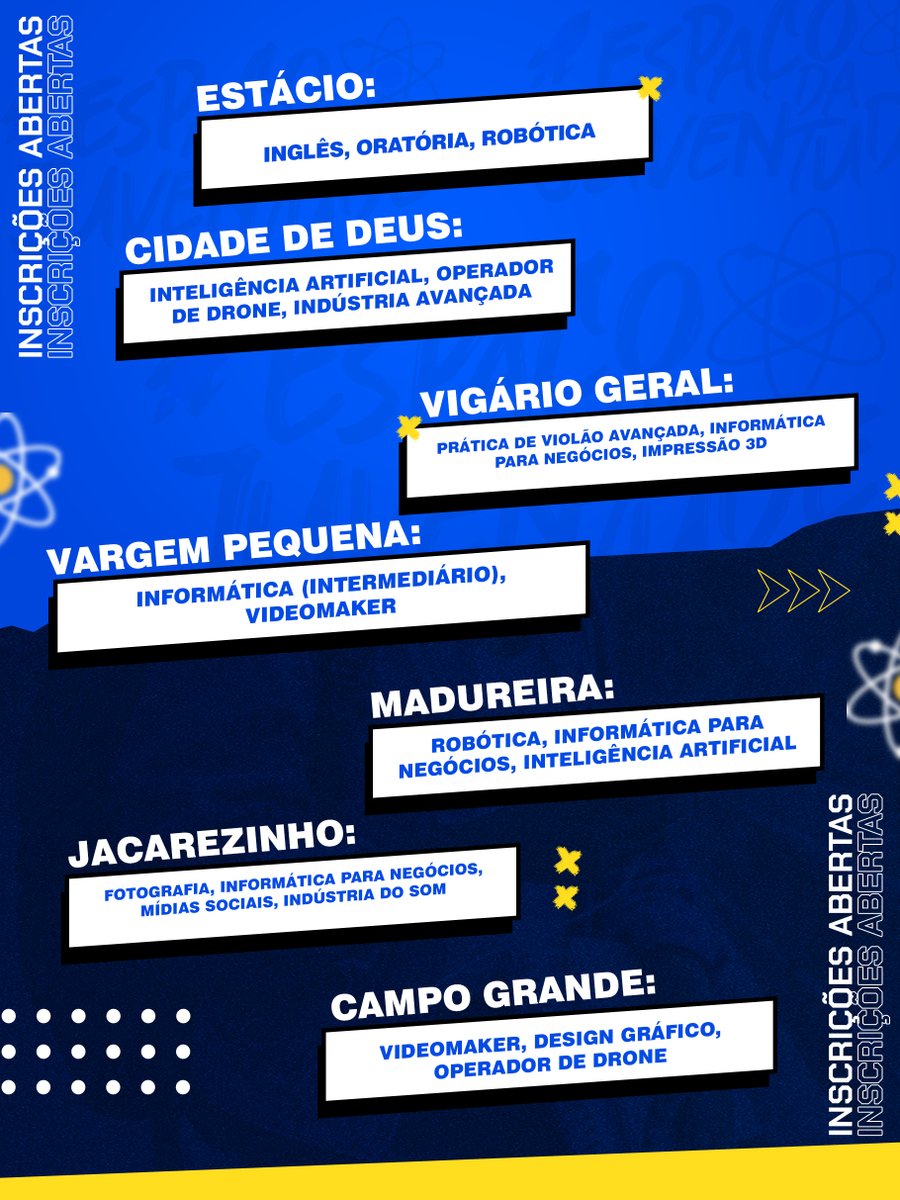 JUVRio's tweet photo. 🚀 Inscrições abertas para os cursos gratuitos dos Espaços da Juventude!

Tecnologia, comunicação, inovação e muito mais pra fortalecer seu currículo. Turmas manhã, tarde e noite.

🔗 Inscrições pelo link na bio, site da https://t.co/srpnB4nUfO ou na unidade. https://t.co/eZXSXp5yJJ