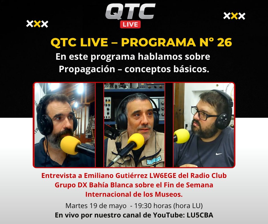 lu5cba's tweet photo. 📻 *QTC LIVE – Programa Nº 26*
🌎 Tema central: 📡 Propagación – conceptos básicos
¿Cómo viajan las señales?
☀️ Influencia solar
🌙 Bandas y horarios
📻 Alcance y comportamiento
🎙️ Además:
Entrevista a Emiliano Gutiérrez LW6EGE del Radio Club Grupo DX Bahía Blanca. 19:30 hs (LU) https://t.co/eGnpaBuB4s