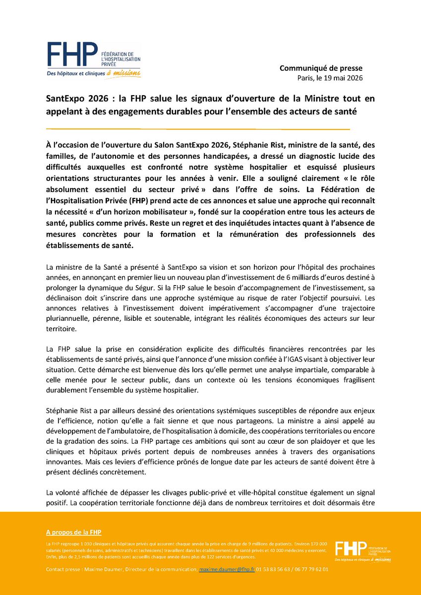 La_FHP's tweet photo. 📢 #SantExpo2026 : la FHP salue les signaux d’ouverture envoyés par @stephanie_rist .
Reconnaissance du rôle du privé, coopération territoriale, ambulatoire, efficience : des orientations positives. https://t.co/c16PVBmFQ0