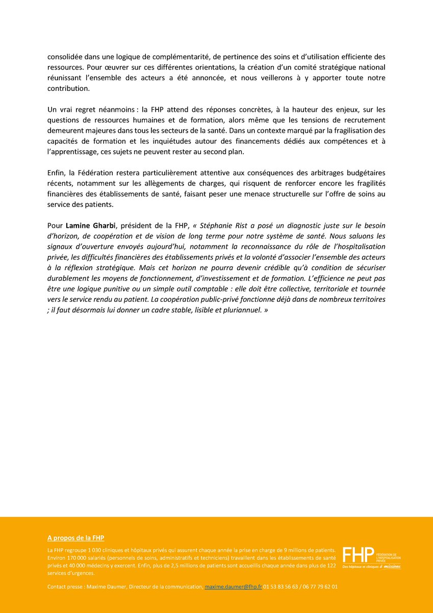 La_FHP's tweet photo. 📢 #SantExpo2026 : la FHP salue les signaux d’ouverture envoyés par @stephanie_rist .
Reconnaissance du rôle du privé, coopération territoriale, ambulatoire, efficience : des orientations positives. https://t.co/c16PVBmFQ0