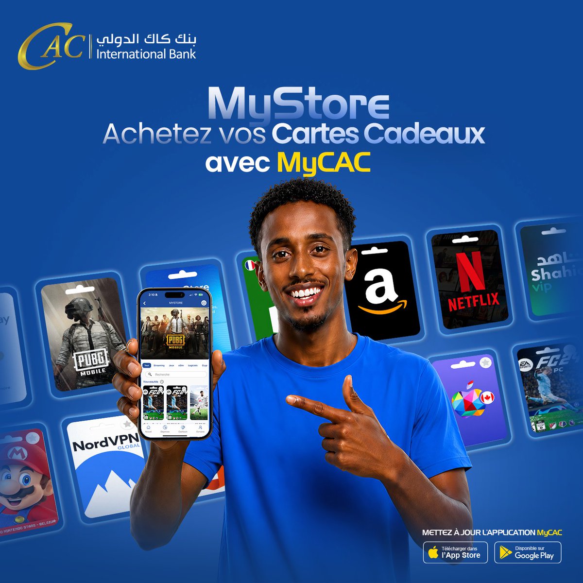 CACIntlBank's tweet photo. Streaming, jeux, eSim , crypto logiciels…
Tous vos univers préférés réunis dans MyStore sur notre application MyCAC. https://t.co/WoZ1sZIsn6