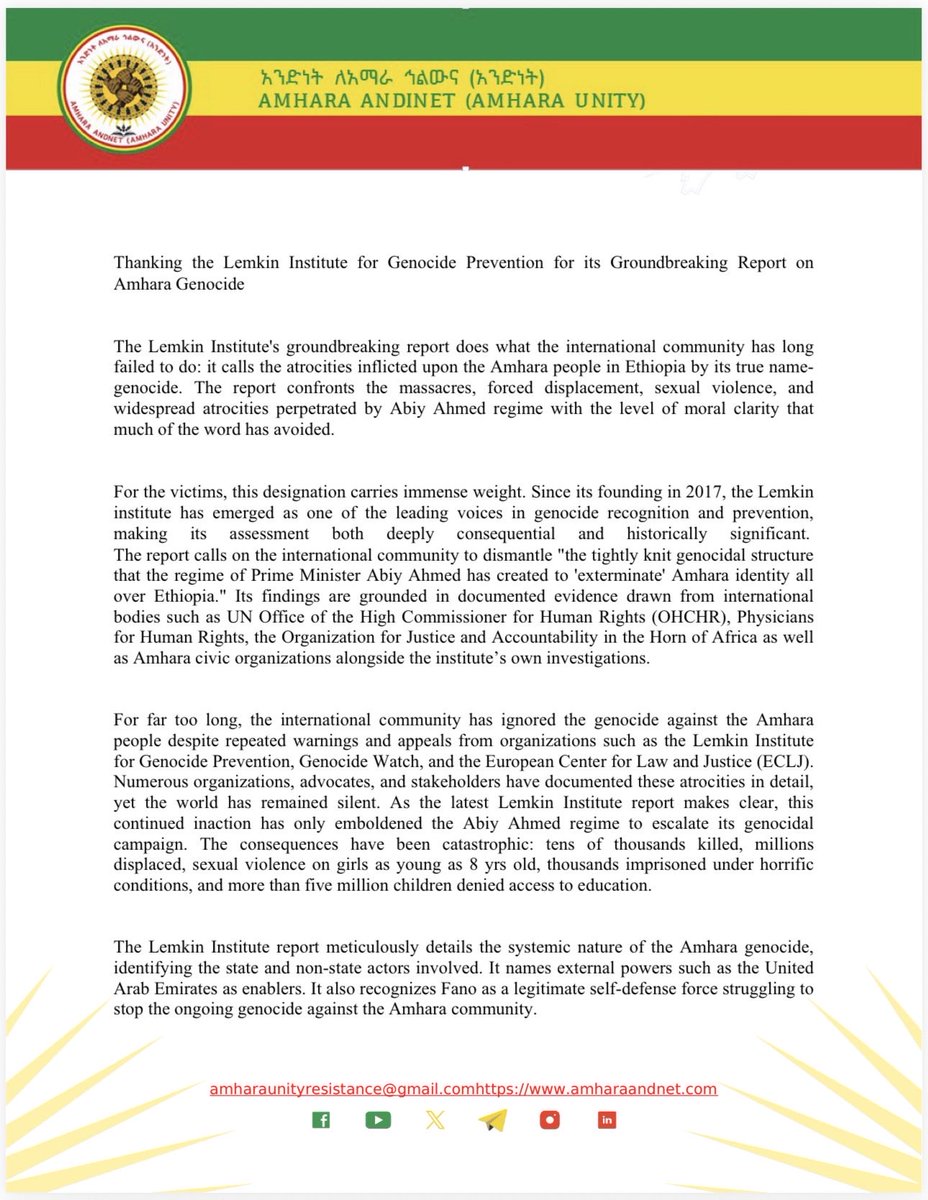 masada2025's tweet photo. Thanking the Lemkin Institute for Genocide Prevention for its Groundbreaking Report on
Amhara Genocide https://t.co/Mb3YseOPNz