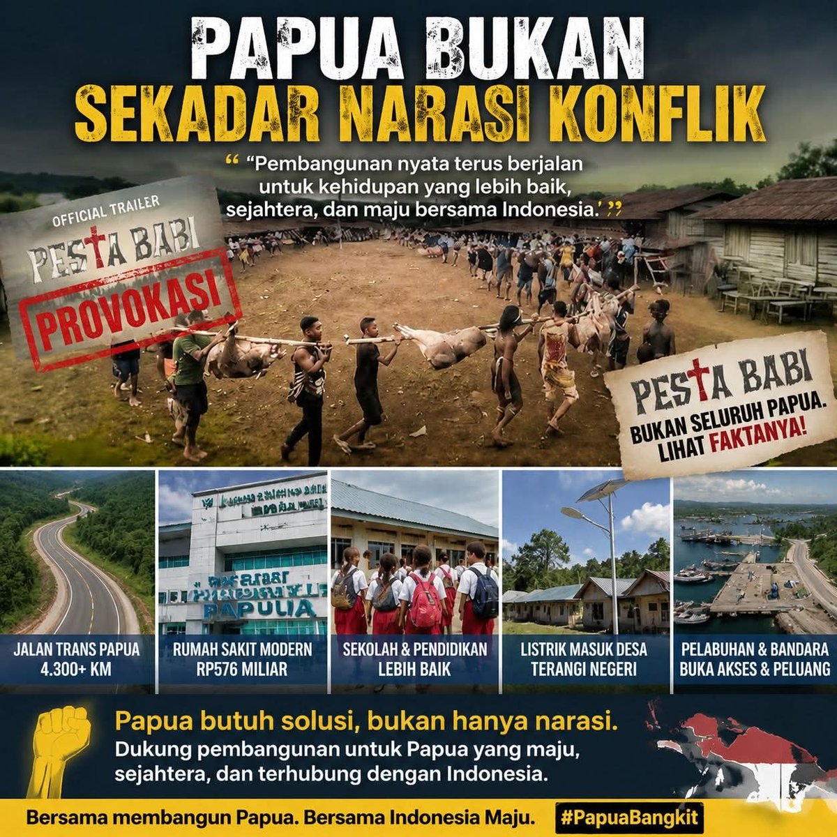 tyoajipras's tweet photo. Ditgah ramainya film Pesta Babi, masyarakat perlu bijak menyaring informasi.Papua mmg msh mhadapi byk tantangan tpi pembangunan trs bjalan demi mbuka akses,meningkatkan layanan kesehatan &amp; mempercepat kesejahteraan masyarakat Papua.Papua butuh solusi &amp; pembangunan bkn perpecahan. https://t.co/EeQzpd842x