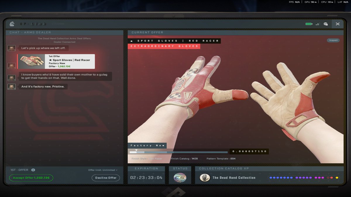 VantomCS's tweet photo. While recording I just hit the 1 in 1.485m chance for FN Sport Gloves | Red Racer. Valves disgusting asking price is 1,362€ while the cheapest listed is 1,379€ on SS rn. How do I price them? Is it even worth buying? Please help, kinda disappointed and  hella confused lmao https://t.co/iBqfjy9IHY